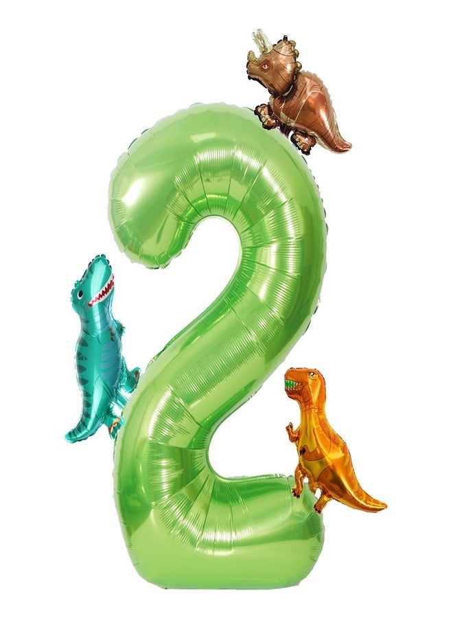 Ysqool Dinosaur Green Number 2 Balloon, 40 In Large Foil Helium Balloon with Mini Dino Mylar Balloons, Dinosaur Birthday Decorations for Kids, Dino Balloons Set for 2nd Birthday Party Supplies (2) - Image 1
